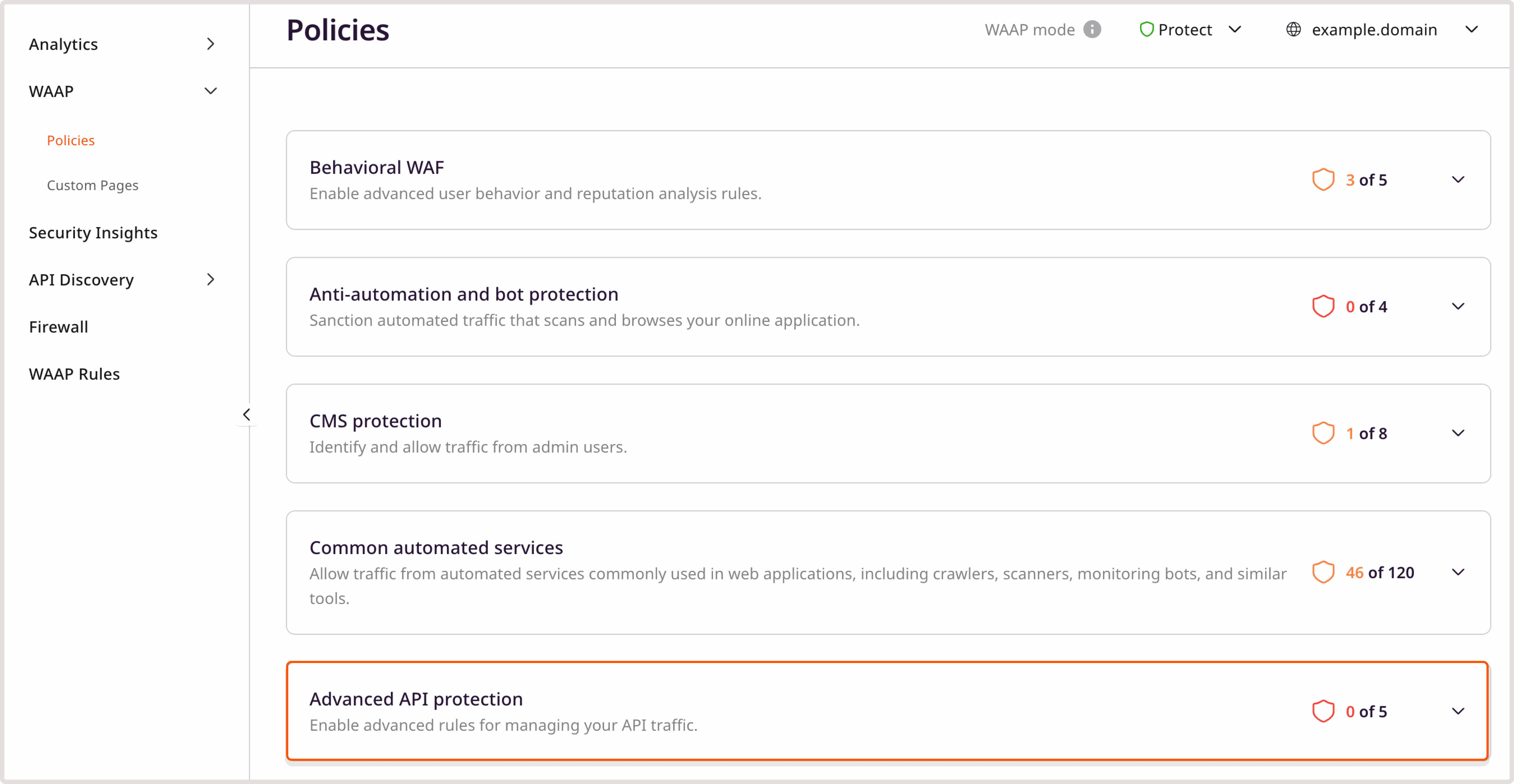 WAAP policies page with the highlighted advanced AIP protection policy
