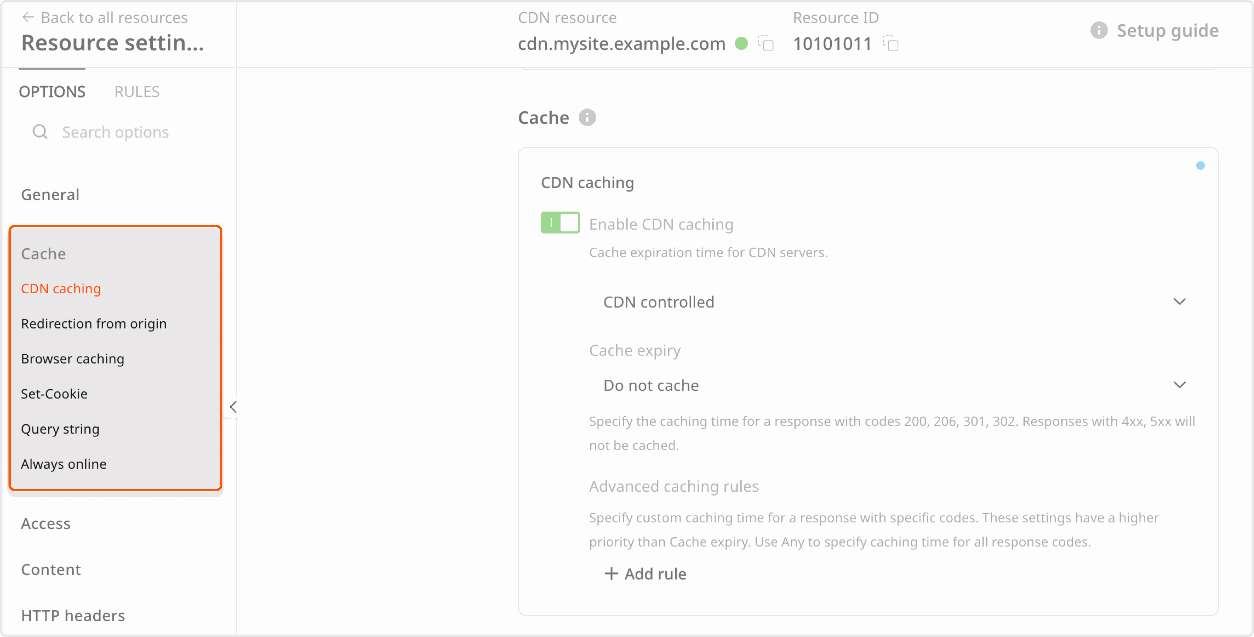CDN cache settings