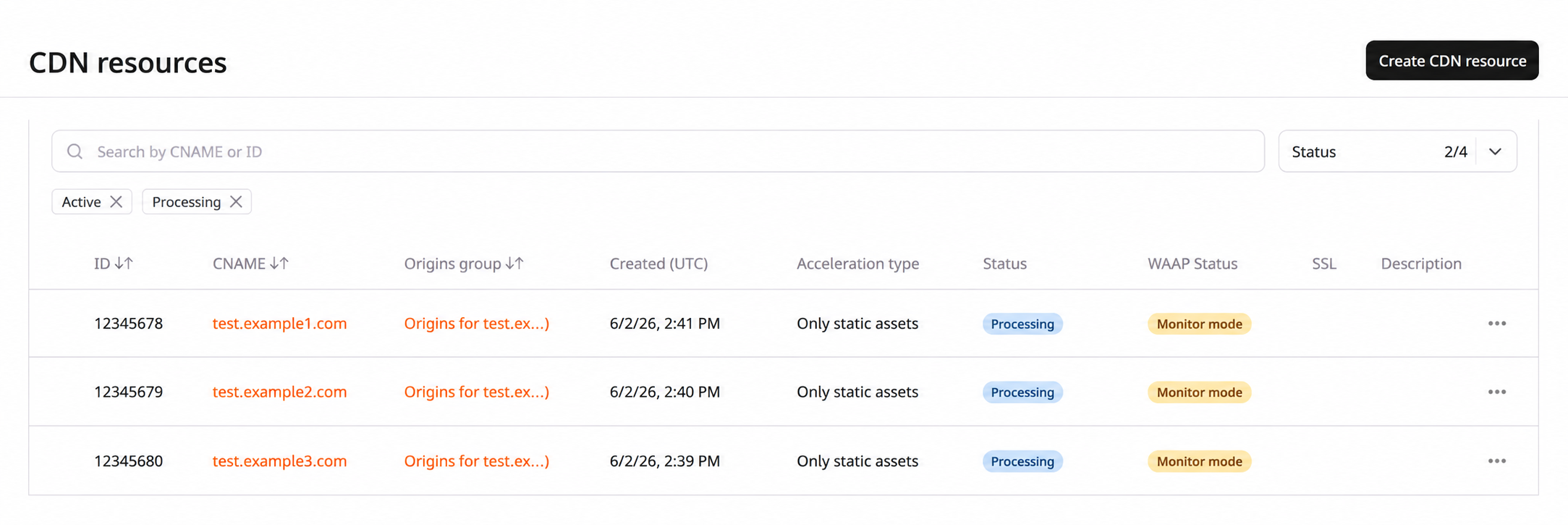 CDN resources page showing the resource list with status filter and search bar