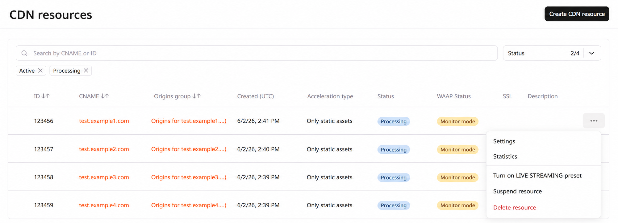 CDN resource three-dot menu showing management options