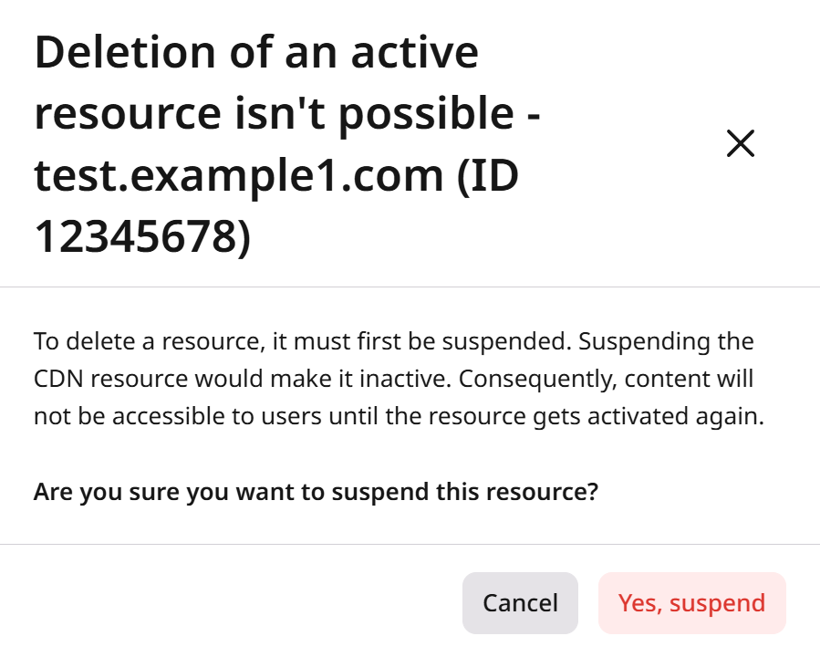 Suspension confirmation dialog shown when deleting an active CDN resource