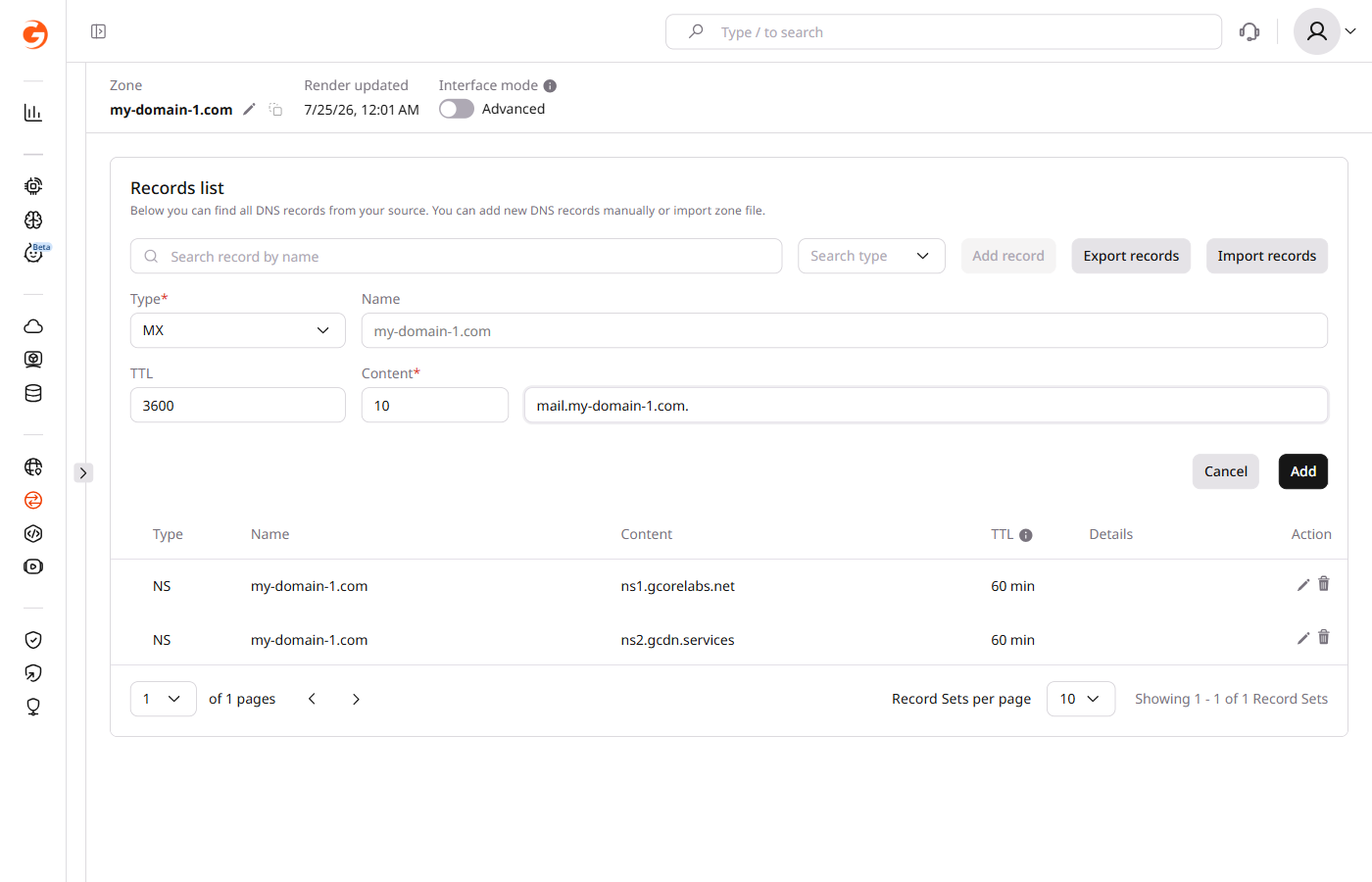 Example of adding an MX record