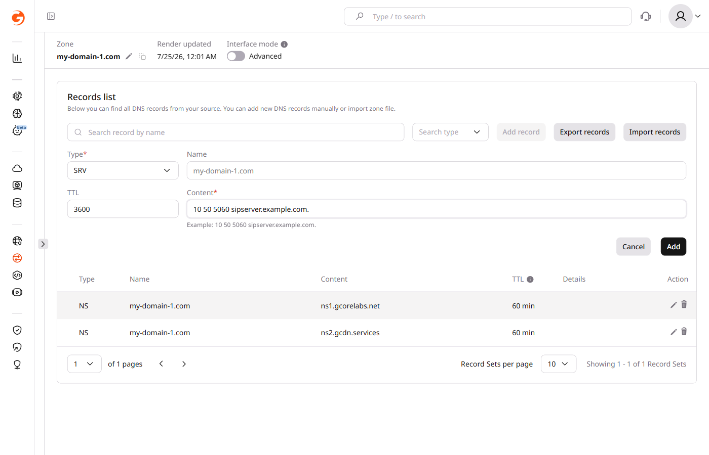 Example of adding a SRV record
