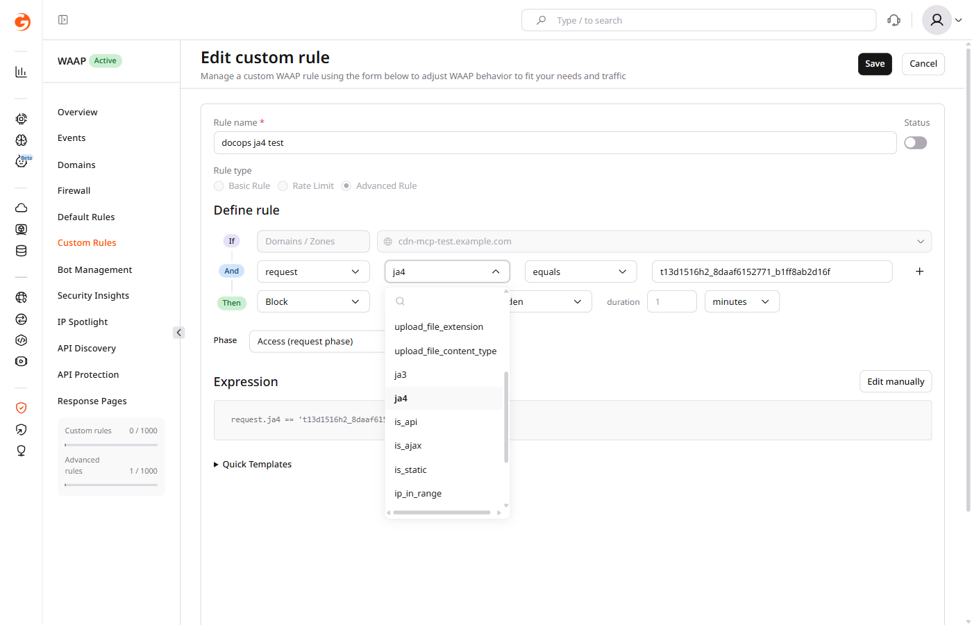 Advanced rule builder with the request object and ja4 attribute selected, showing the attribute dropdown with ja3 and ja4 options visible
