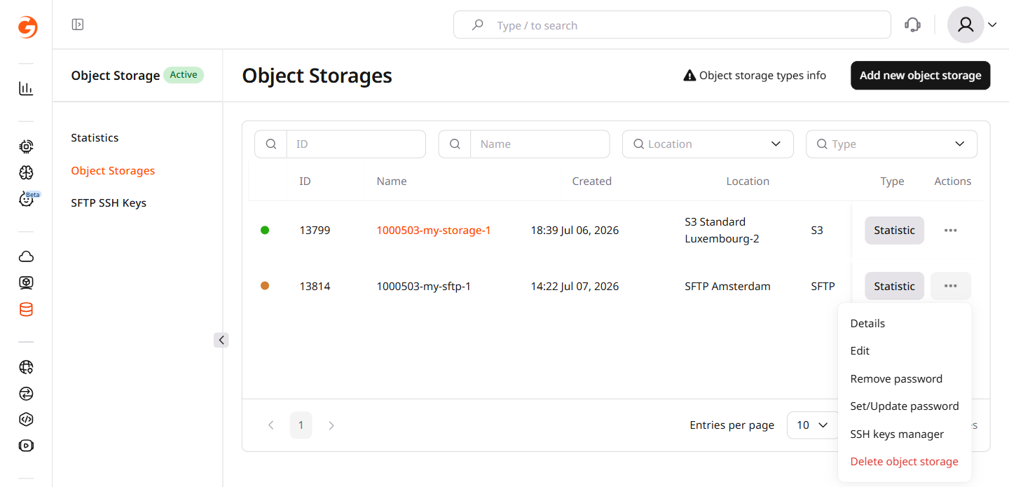 Object Storages list with the three-dot menu open showing SSH keys manager option
