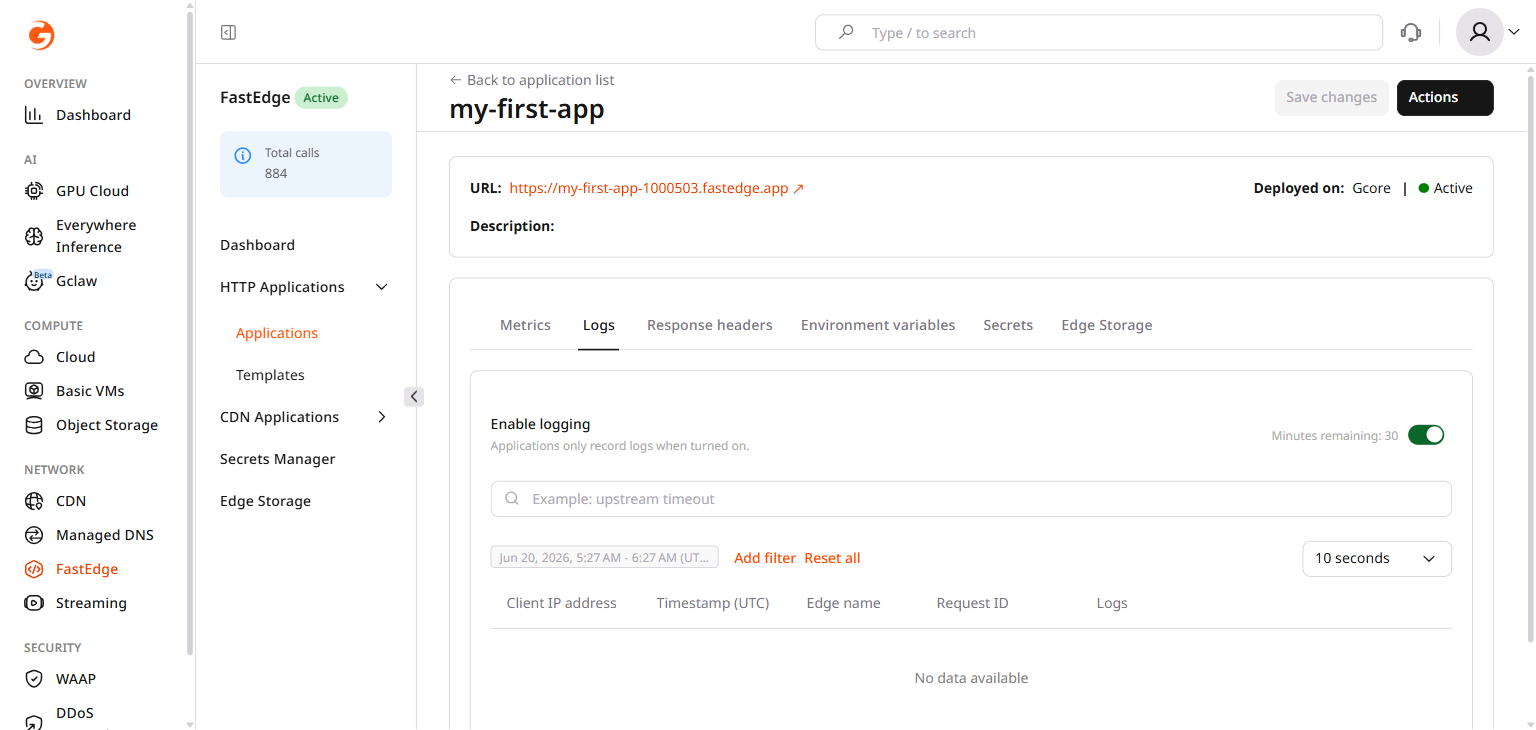 Logs tab with the Enable logging toggle turned on and Minutes remaining showing 30